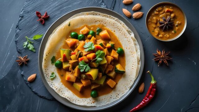 Savoury dosa filled with colorful mixed vegetables and garnished with fresh coriander, surrounded by spices and served with a side of lentil curry in a bowl.