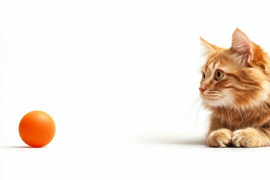 An adorable furry domestic ginger cat with captivating golden eyes intently stares at a vibrant orange toy ball on a pure white background. - Powered by Adobe