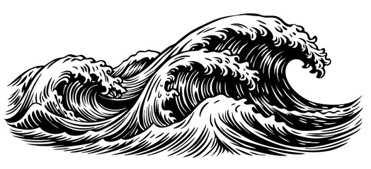 Black and White Woodcut Style Ocean Waves Illustration