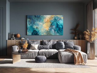 A contemporary living room interior design features a cozy sofa, flat screen television, and stylish furniture on a wooden floor