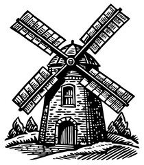 Fototapeta premium Black and White Windmill Illustration