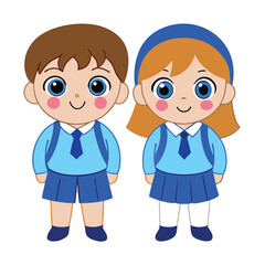 Cute Cartoon Schoolchildren in Uniforms Ready for School Smiling Boy and Girl with Backpacks Vector Illustration on White Background for Education