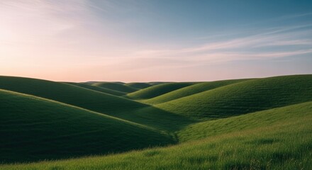 Fototapeta premium Rolling green hills and a gentle blue sky with light clouds seen at sunset. Idyllic peaceful nature landscape background.