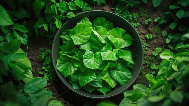 Fresh green leaves arranged neatly in a dark bowl, surrounded by lush green foliage and rich soil, creating a vibrant and natural setting that highlights organic bounty.