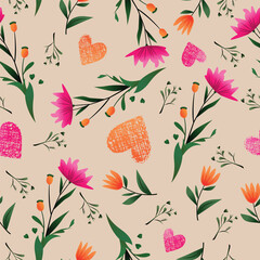 Delicate seamless floral vector pattern with beige background, stylized daisies, tulips and textured hearts. Ideal for textiles, wallpapers and packaging.