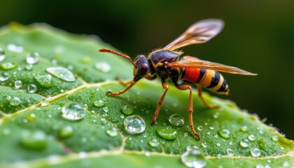 Naklejka premium Close-up of a Insect on Fresh Green Leaf with Water Droplets