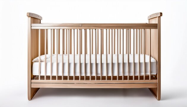 blank wood cot with white crib sheet protective bumpers mockup isolated on a white background