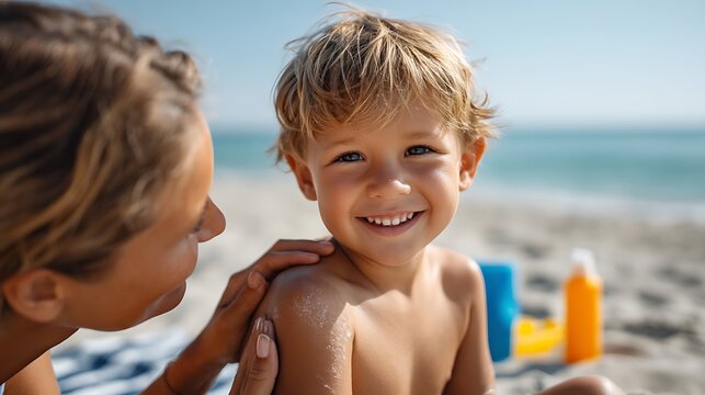 Mother applying sunscreen to her smiling son on the beach with ocean and sky in the background view - Powered by Adobe