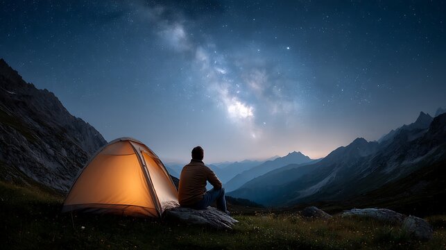 A person sits outside a tent under a starry sky in a mountainous landscape at night time scenery view