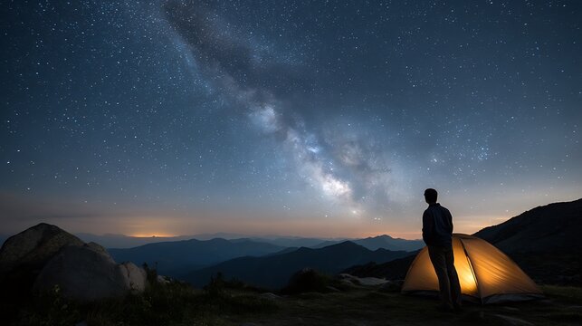 A person standing next to a tent under a starry sky with the milky way visible in the background
