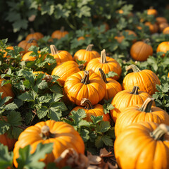 Vibrant orange pumpkins growing in lush green field under sunlight
