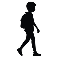 Silhouette of a young boy walking with a backpack isolated on white representing childhood education and the journey of learning and growth