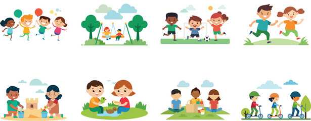 Kids doing different playful activities vector illustration set
