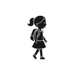 Silhouette illustration of a schoolgirl with a backpack walking to school on a white background in vector format