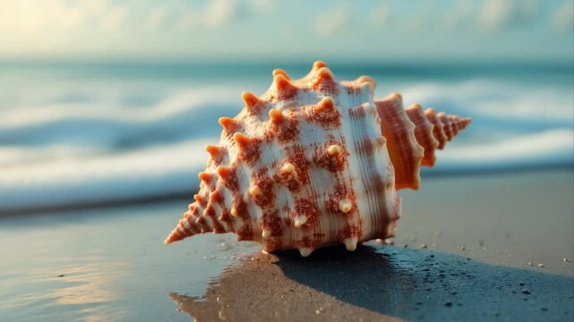 Spiral Shell on Wet Sand by Ocean Shore with Gentle Waves and Soft Lighting, Highlighting Textured Patterns and Warm Color Tones of the Shell Against a Tranquil Background