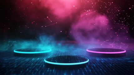 3D Futuristic Magenta and Teal Floating Platforms with Holographic Lines and Cosmic Fog