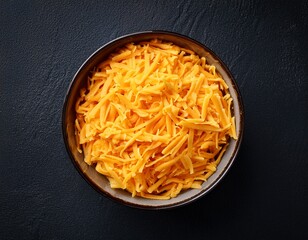 top view of grated cheddar cheese in a bowl on dark surfaces perfect for breakfast recipes rich in calcium