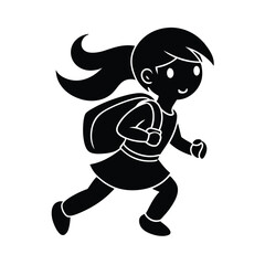 Silhouette of a Girl Running to School with Backpack Simple Black and White Illustration for Educational or Design Purposes