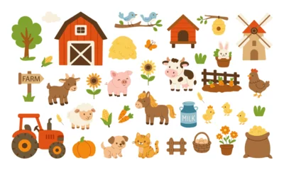 Naadloos Fotobehang Airtex A farm scene with a variety of animals and farm equipment. Scene is cheerful and playful, with the animals and farm equipment depicted in a whimsical and colorful way © MariiaMart