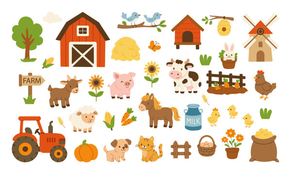 A farm scene with a variety of animals and farm equipment. Scene is cheerful and playful, with the animals and farm equipment depicted in a whimsical and colorful way