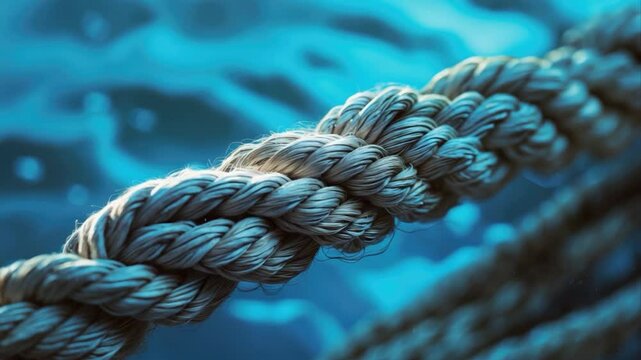 Close-up of textured blue rope intertwined against a shimmering aqua background, highlighting intricate weaving and a sense of depth and fluidity in the image.