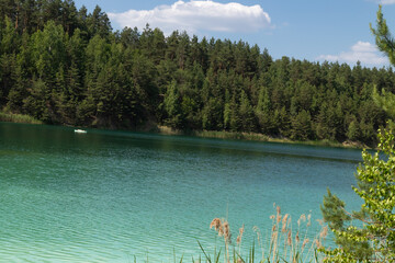 turquoise water lake surrounded by pine trees, top view.It's a beautiful summer day.background, a place to copy