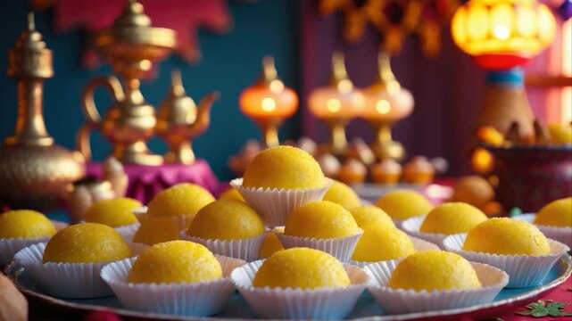 Plate of vibrant yellow sweets arranged in white paper cups, surrounded by ornate gold and colorful decor, creating a festive atmosphere for celebrations.