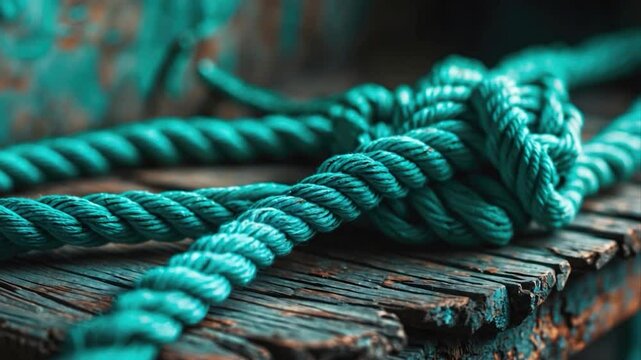 A close-up view of vibrant turquoise ropes intricately knotted on a weathered wooden surface, showcasing texture and details of the fibers against a rustic backdrop.