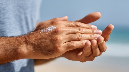 Fototapeta premium Man applying sunscreen to his hands on a beach with the ocean and sky in the background scene view