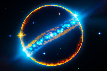 a cosmic scene featuring a planet surrounded with a ring-like structure glowing elements