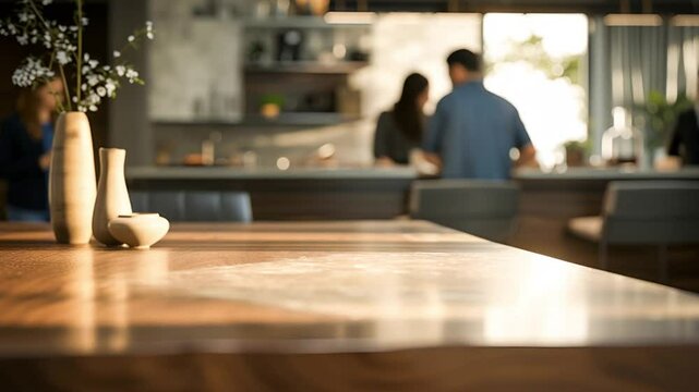 Empty wooden dining table top on background of blurred modern interior of home kitchen living room with married couple. Place for installation and advertising of products