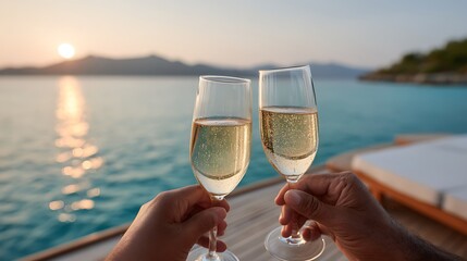 Two champagne flutes held against a backdrop of ocean water and a setting sun in the distance