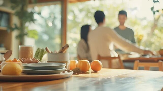 Empty wooden dining table top with homemade dishes and oranges on blurred background of modern home kitchen with family having breakfast. Place for installation and advertising of products
