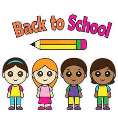 Colorful Back to School Illustration Featuring Diverse Cartoon Children and a Pencil Representing Education Learning and the Start of a New Academic Year