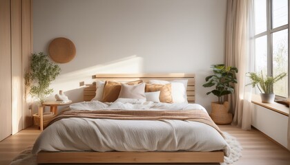 bright minimalist bedroom with natural light and warm tones simple light colored bedding and wooden furniture creates a serene atmosphere