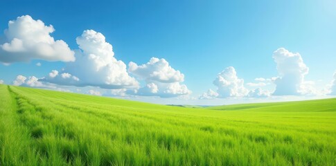 Obraz premium Vast empty meadow, fluffy cumulus clouds above, summer sky , expansive, background, tranquil