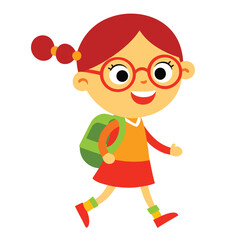 Cheerful Cartoon Schoolgirl with Backpack Walking to School Red Hair Glasses and Happy Expression Isolated on White Background