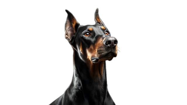 Elegant Guard: A powerful and alert Doberman Pinscher gazes confidently, epitomizing the breed's intelligence and loyalty in a captivating portrait.