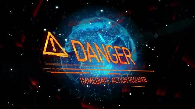Rotating digital globe causing triangle sliding in revealing DPT then morphing into DANGER pulsing