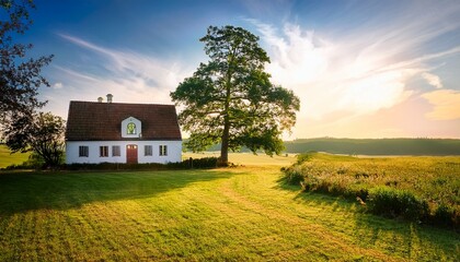 Obraz premium picturesque country house with majestic tree a serene landscape charming