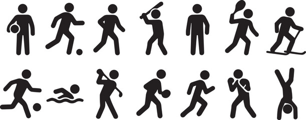 Minimal silhouettes of people in various sports, exercise, and fitness activity poses 