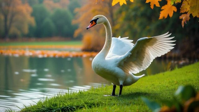 Elegant white swan displaying its wings by a serene lake surrounded by autumn foliage, captured in soft natural light with vibrant orange and yellow leaves.