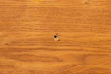 Hole in wooden surface, background for furniture repair themes, hole in the center