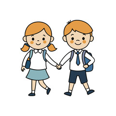 Illustration of a Boy and a Girl Holding Hands Going to School with Backpacks Wearing Uniforms and Smiling Together