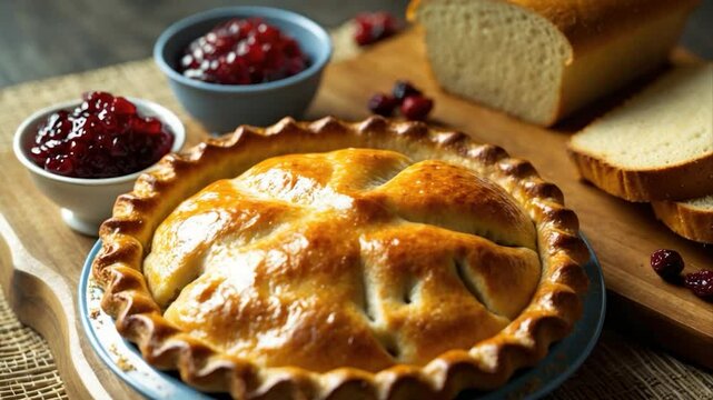 Golden-brown pie with a decorative crust sits on a wooden cutting board alongside two bowls of cherry jam and slices of fresh bread, creating a delightful rustic presentation.