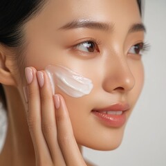 Close-up of a young woman applying facial cream.