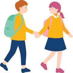 Obraz premium Illustration of two young students a boy and a girl walking to school hand in hand on a white background