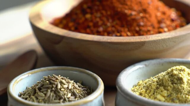 Flavorful Harmony Diverse Spices Presented In Rustic Wooden Bowls