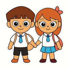 Cartoon illustration of two school kids holding hands wearing uniforms and backpacks going to school friendship and education