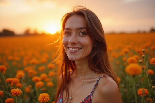 Vibrant Capture of a Youthful Woman Surrounded by Wildflowers in the Glow of Sunset.